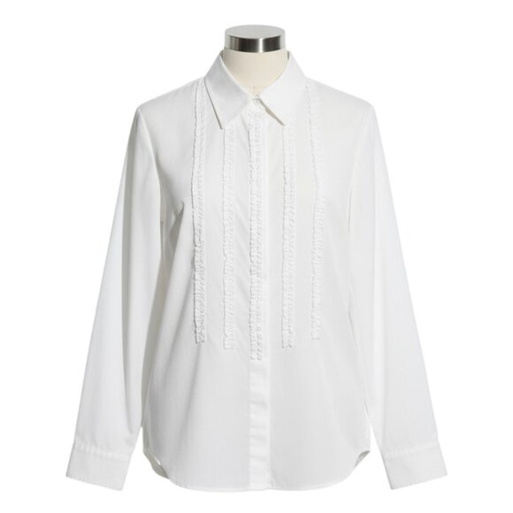 Theory Ivory Ruffle Front Stretch Cotton Button Down Shirt Size L - Picture 4 of 7